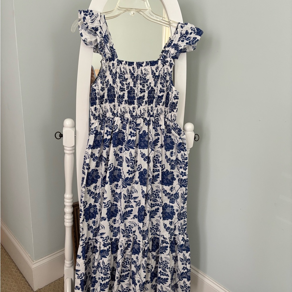 THML Blue and White Smocked Sundress with Flutter Sleeves - worn once